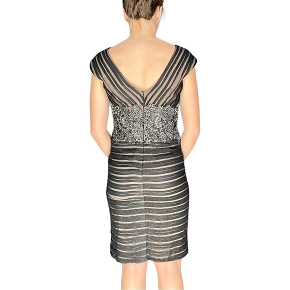 JOVANI V-NECK RUCHED FLORAL LACE BEADED BANDED WAIST ILLUSION SHEATH DRESS - Picture 4 of 16